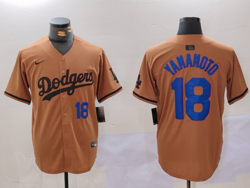 Men Los Angeles Dodgers #18 Yamamoto army green joint name 2024 Nike MLB Jersey style 4